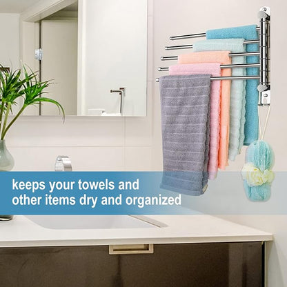 5 Arm Swivel Towel Bar - Heavy Duty SUS304 Stainless Steel Swing Towel Rack for Bathroom, 180° Rotation Wall Mount Towel Holder with Hook, Space-Saving Organizer for Kitchen, Laundry Room