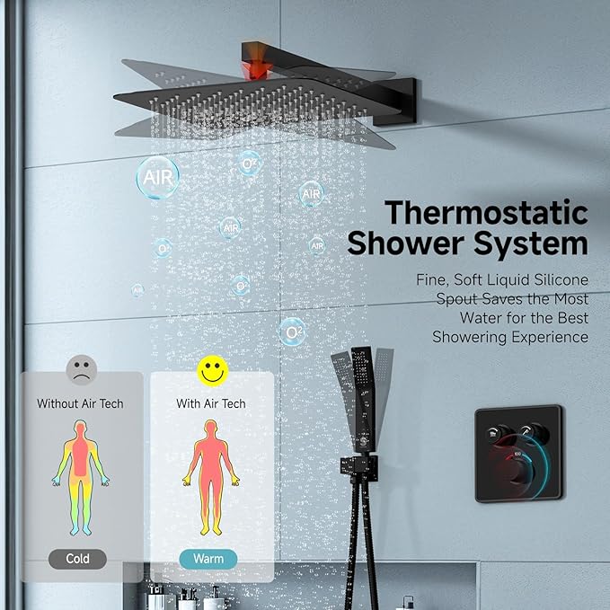 SR SUN RISE 100℉ Thermostatic Shower System,12" Luxury Rainfall Shower Head and High-Pressure Handheld Bathroom Shower Faucet Set,Shower Valve and Trim Kit Included (Matte Black)