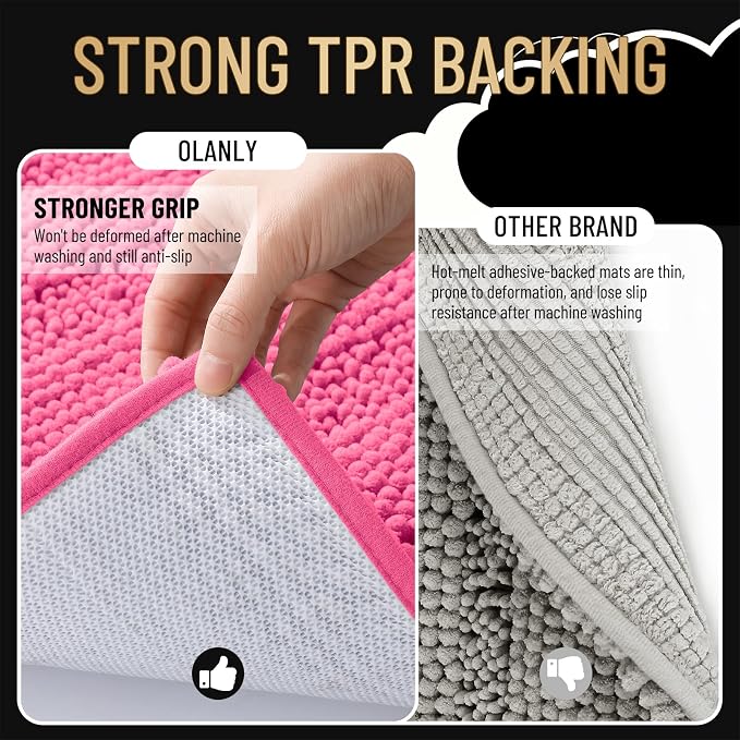 OLANLY Thick Bathroom Rugs 30x20, Soft Chenille Striped Bath Rugs, Hot Pink | Rubber Backing, Machine Wash, Extra Absorbent Bath Mats for Bathroom Floor, Tub and Shower, Home Decor Accessories