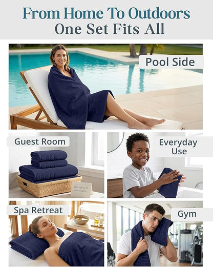 Casa Platino Bathroom Towel Set 12 Piece Soft Absorbent Quick Dry - Navy | Bath Towel Sets For Bathroom - Coordinated Colors, Dobby Border Accent, OEKO-TEX Certified, Ring-Spun Durability