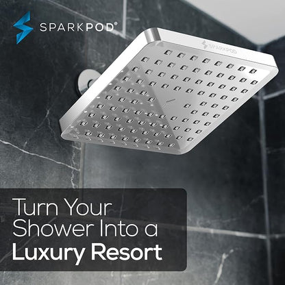 SparkPod Rain Shower Head, 8 Inch Square, Luxury Polished Chrome Finish | High Pressure Shower Heads, 90 Nozzles, Adjustable Showerhead, No Tools Needed, Universal Connection