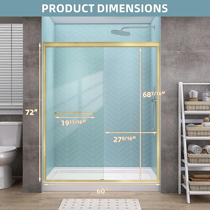 GETPRO Shower Door Double Sliding 56-60 in. W x 72 in. H Semi-Frameless Bypasss Bathroom Glass Shower Sliding Doors,1/4 inch Clear Tempered Glass Door for Walk-in Shower Brushed Gold