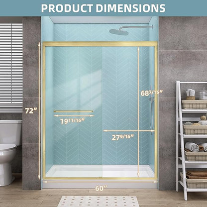 GETPRO Shower Door Double Sliding 56-60 in. W x 72 in. H Semi-Frameless Bypasss Bathroom Glass Shower Sliding Doors,1/4 inch Clear Tempered Glass Door for Walk-in Shower Brushed Gold