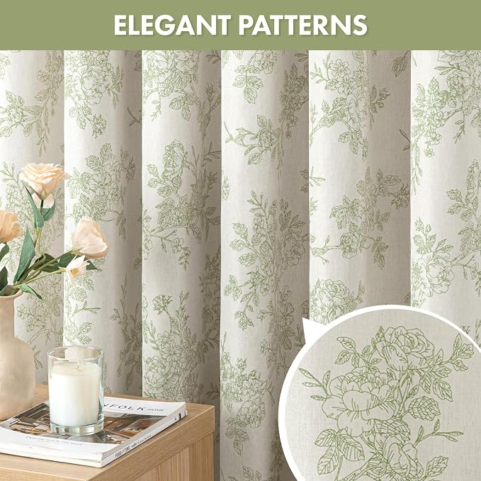 Spring Extra Long Linen Green Floral Shower Curtain W72*L84 Inches | Linen Textured Fabric, 12 Rustproof Metal Hooks, Wrinkle Resistant Cloth, Machine Washable, Bathroom Decor for Cottage Core