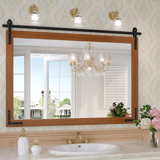 Farmhouse Bathroom Mirror, 40x30 Inch Brown Vanity Mirror for Wall, Wood Framed Rustic Mirror Rectangular Wall Decor Mirrors for Entryway Living Room Bedroom