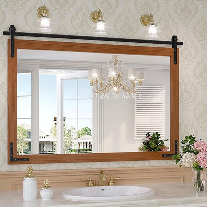 Farmhouse Bathroom Mirror, 40x30 Inch Brown Vanity Mirror for Wall, Wood Framed Rustic Mirror Rectangular Wall Decor Mirrors for Entryway Living Room Bedroom