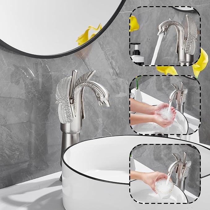Brushed Nickel Swan Shape Single Handle 1Hole Bathroom Vessel Sink Faucet Deck Mount Lavatory Sink Faucet