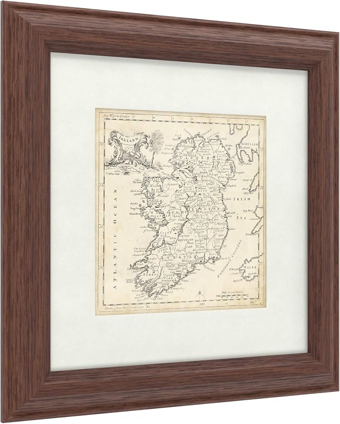 Framed Wall Art - T. Jeffreys ‘Map Of Ireland’ Wall Decor with Matted Frame - Living Room, Kitchen, and Bathroom Art - 11x11