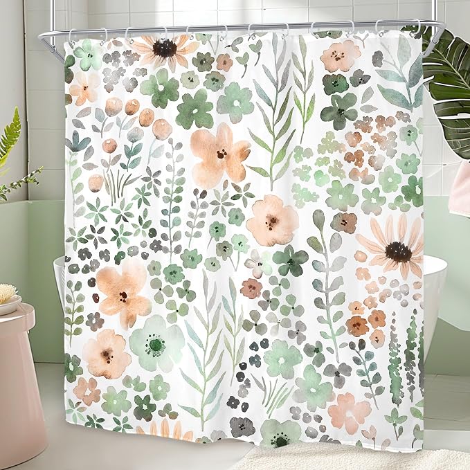 Green Gray Floral Colorful Cute Wildflower Boho Bathroom Shower Curtain Set | 72"W x 72"H Watercolor Funky; waterproof HD print, quick-dry fabric with 12 hooks for easy hanging.