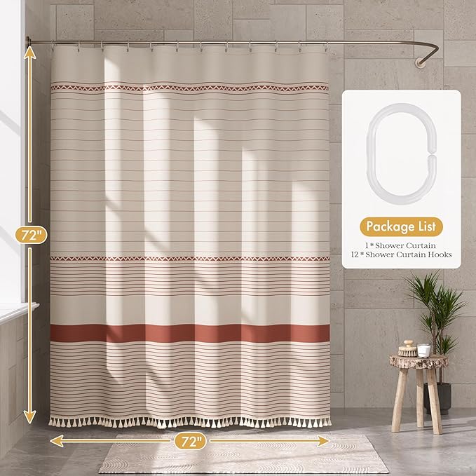 AmazerBath Boho Shower Curtain, Modern Farmhouse Shower Curtain Set with Tassels, Rustic Faux Linen Red Striped Shower Curtain with Hooks, Light Tan Toned, 72x72 Inches