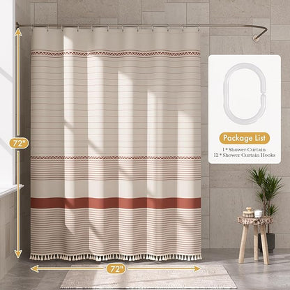 AmazerBath Boho Shower Curtain, Modern Farmhouse Shower Curtain Set with Tassels, Rustic Faux Linen Red Striped Shower Curtain with Hooks, Light Tan Toned, 72x72 Inches