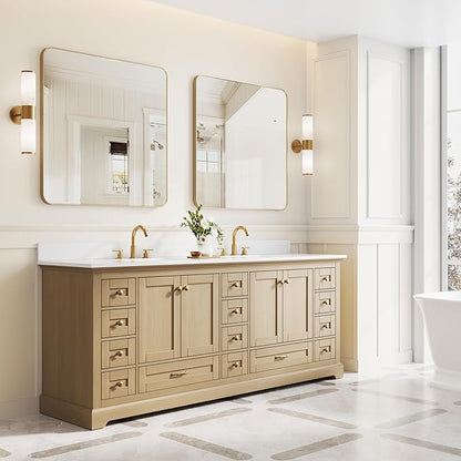 WELLFOR 84 Inch Bathroom Vanity with Double Sinks, Bathroom Freestanding Vanity W/4 Soft-Close Doors and 14 Drawers, Large Storage Space Vanity, Cultured Marble Countertop Vanities (Oak)
