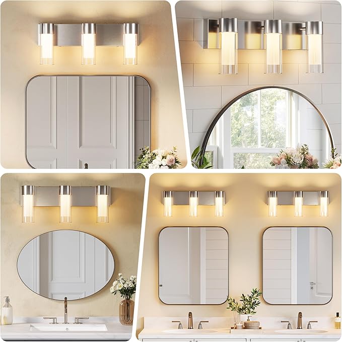 Tribesigns LED Bathroom Light Fixtures, 3-Light Vanity Lights Over Mirror, Wall Lights with 3 Color Modes & Sand Nickel Finish, Wall Sconces with Clear Glass Shades for Bathroom Hallway Bedroom