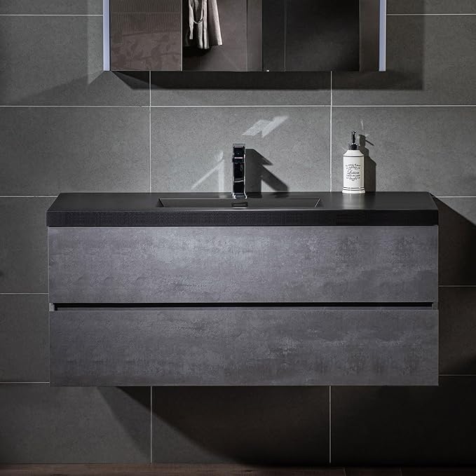 WOODBRIDGE 48 in. W x 19 in. D Wall Mounted Floating Bathroom Vanity in Gray with Quartz Sand Composite Vanity Top in Matte Black