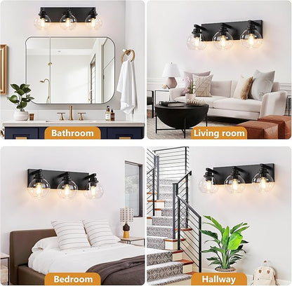 Bathroom Light Fixtures, 3-Light Matte Black Vanity Lights, Modern Bathroom Lighting Fixtures Over Mirror, Farmhouse Vanity Lights with Glass Shade for Living Room, Bedroom, Hallway