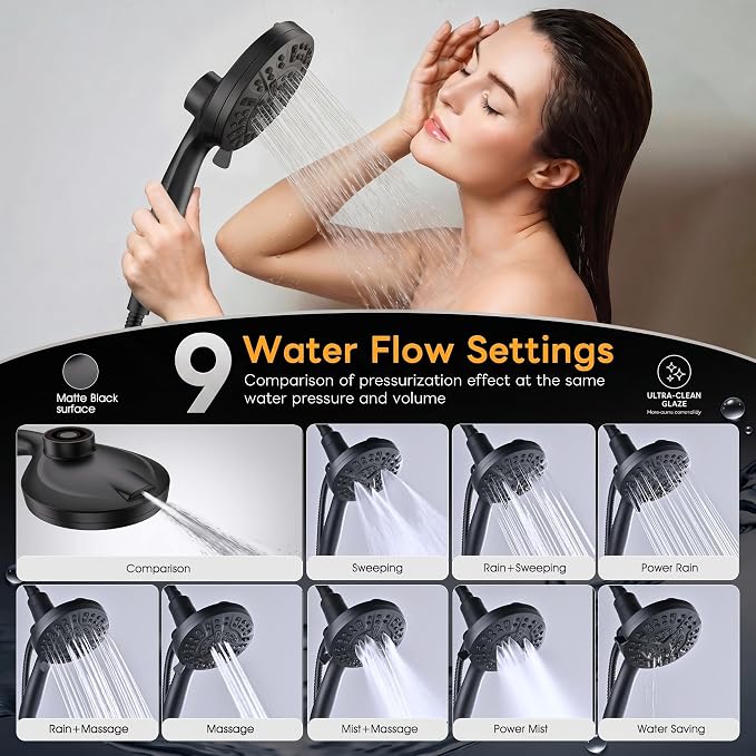 High Pressure Handheld Shower Head Matte Black- Anti-clog Nozzles, Built-in Power Wash to Clean Tub, Wall & Overhead Brackets,Magnetitc Rainfall Showerhead hand held
