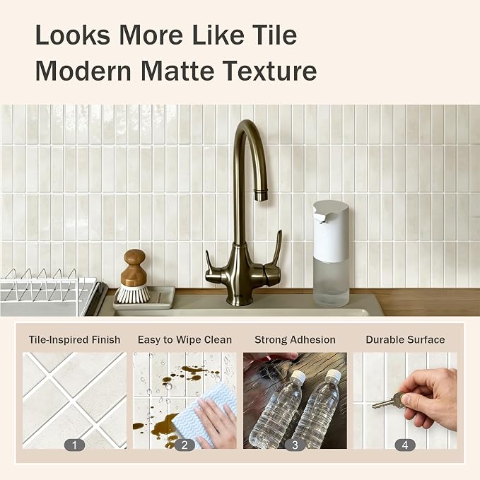 10-Sheet Peel and Stick Backsplash White Stick on Tile, Thick Self-Adhesive Wall Panels for Bathroom Vanity, Coffee Bar & Accent Walls (Light Beige)
