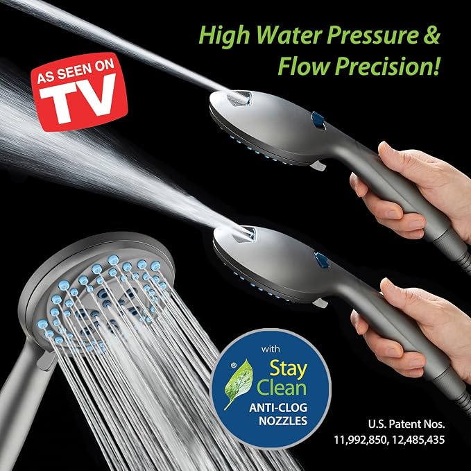 AquaCare New 8-mode High Pressure Handheld Shower Head w/ 2-way Power Wash | Stay Clean Nozzles, Dual Power Wash for Tub, Tile & Pets, Long 6 ft. Stainless Steel Hose, Wall & Overhead Brackets / Modern