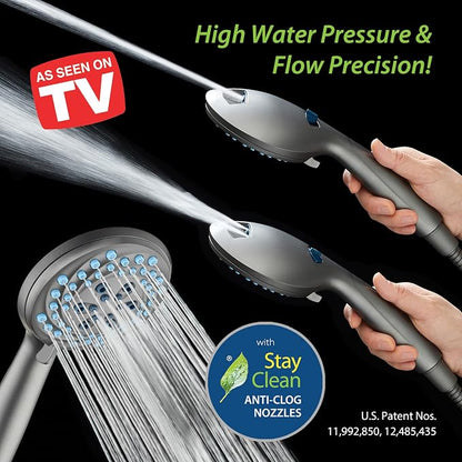 AquaCare New 8-mode High Pressure Handheld Shower Head w/ 2-way Power Wash | Stay Clean Nozzles, Dual Power Wash for Tub, Tile & Pets, Long 6 ft. Stainless Steel Hose, Wall & Overhead Brackets / Modern