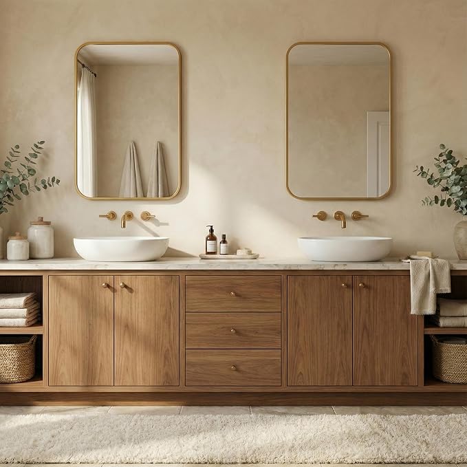 24x36 Inch Antique Gold Rounded Rectangle Bathroom Vanity Mirror | For Over-Sink Bathrooms, Powder-Coated Iron Frame, Layered Shadow Box Look, Two-Way Mount, Protective Packaging