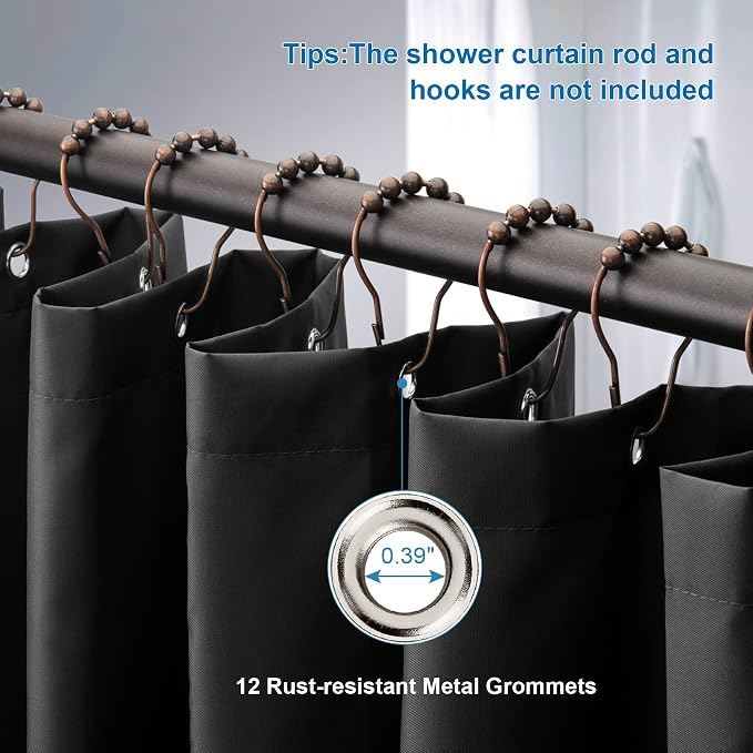 Amazer Black Shower Curtain Liner, Black Fabric Shower Liner, 2-in-1 Bathroom Shower Curtain and Liner, 12 Grommet Holes, Water Proof, Machine Washable, Hotel Quality, 72 x 72 Inches