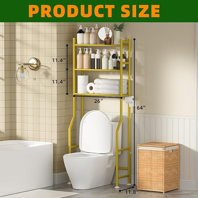 3-Tier Over Toilet Storage with Anti-Tilt Safety System - 150lb Total Capacity Metal Bathroom Shelves Including Paper Holder & 4 Hooks, Space Saving Above Commode Organizer (64" H, Gold)