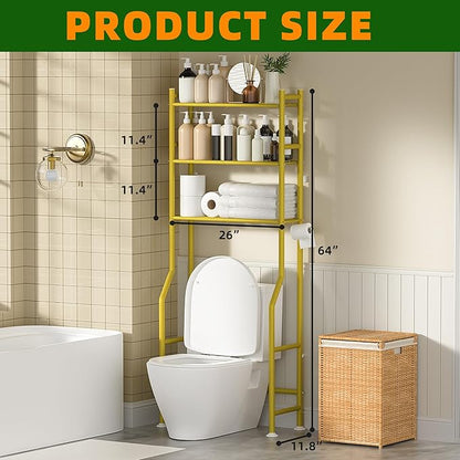 3-Tier Over Toilet Storage with Anti-Tilt Safety System - 150lb Total Capacity Metal Bathroom Shelves Including Paper Holder & 4 Hooks, Space Saving Above Commode Organizer (64" H, Gold)