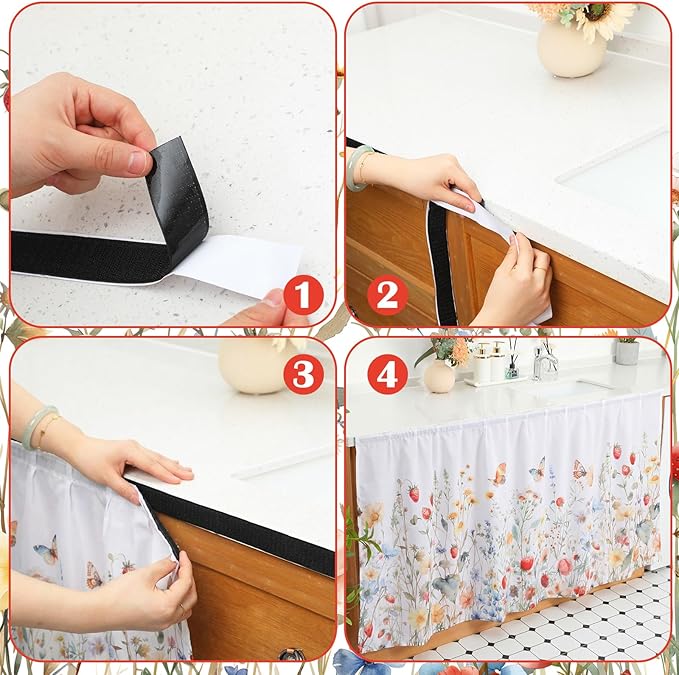 Fabric Sink Skirt Diamond Bathroom Stitch Self Stick Adhesive Waterproof Fabric Under Sink Curtain Skirt 55 x 32 Inch Adds Bathroom Storage (White,Wildflowers Style)