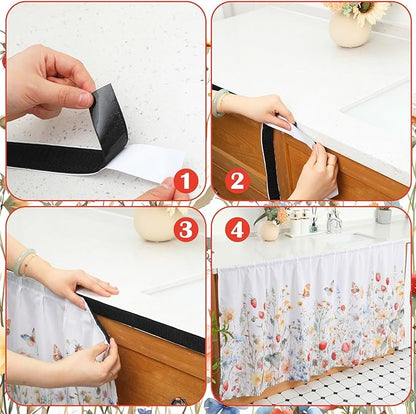 Fabric Sink Skirt Diamond Bathroom Stitch Self Stick Adhesive Waterproof Fabric Under Sink Curtain Skirt 55 x 32 Inch Adds Bathroom Storage (White,Wildflowers Style)