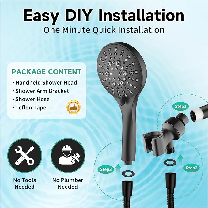 BRIGHT SHOWERS High Pressure Shower Head with Handheld, 9 Spray Settings Showerhead Built in Power Wash to Clean Tub and Pets, Extra Long 69" Hose, Adjustable Bracket, Matte Black