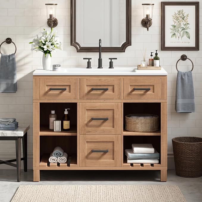 36" Mid-Century Bathroom Vanity with SMC Sink (Natural Wood Style2, 36") | Ample Storage Space with 2 Drawers, Adjustable Shelves & Open Breathable Hollow Shelf, Smooth Drawer Slides