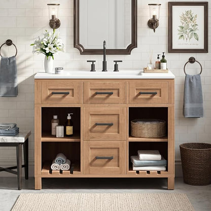 36" Mid-Century Bathroom Vanity with SMC Sink (Natural Wood Style2, 36") | Ample Storage Space with 2 Drawers, Adjustable Shelves & Open Breathable Hollow Shelf, Smooth Drawer Slides