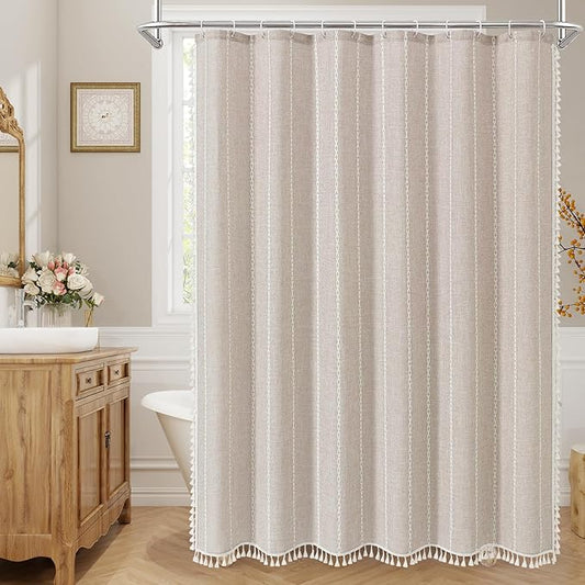 MitoVilla Boho Long Shower Curtain 72 x 78, Farmhouse 78 inch Long Polyester Linen Fabric Shower Curtains with Tassel for Chic Cottagecore French Rustic Bathroom Decor, Tan Brown