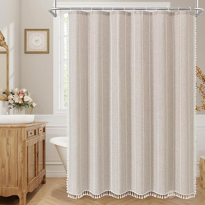 MitoVilla Tan Small Stall Shower Curtain 36 x 72, Taupe Half Size Narrow Polyester Linen Fabric Shower Curtains for Boho Farmhouse Bathroom Decor, Wrinkle Resistant Cloth Shower Curtain