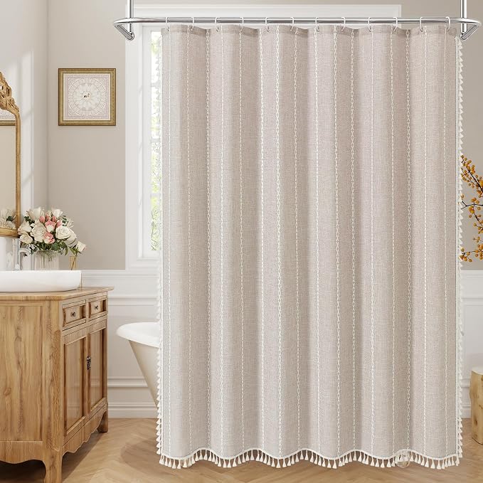 Boho Farmhouse Tassel Linen Shower Curtain,3D Embroidery Stripe Taupe,72x72 | 310GSM Striped Texture Heavy Duty Cloth,Water Repellent,Wrinkle Resistant,Vintage Rustic Country design,12 Plastic Hooks