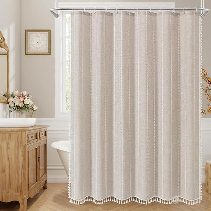 Boho Farmhouse Tassel Linen Shower Curtain,3D Embroidery Stripe Taupe,72x72 | 310GSM Striped Texture Heavy Duty Cloth,Water Repellent,Wrinkle Resistant,Vintage Rustic Country design,12 Plastic Hooks