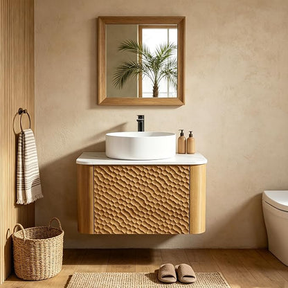 24 Inch Modern Bathroom Vanity with Ceramic Sink, Floating Bathroom Vanity Cabinet with Sintered Stone Top&Solid Wood Hammered Frame, Single Sink Bathroom Vanities w/Soft-Close Drawers,Natural