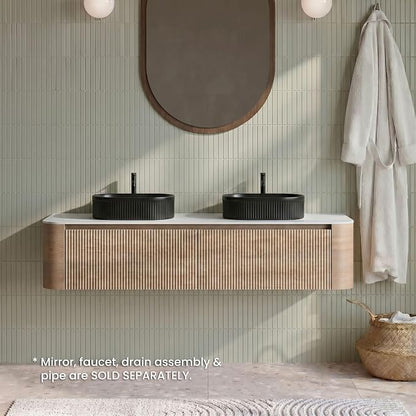 72" Preassembled Double Floating Bathroom Vanity with Black Sink, Oak | Mid-Century Modern Style, Fluted & Soft-Close Drawer with U-shaped Wall, Sinterted Stone Countertop, Towel Rack Included