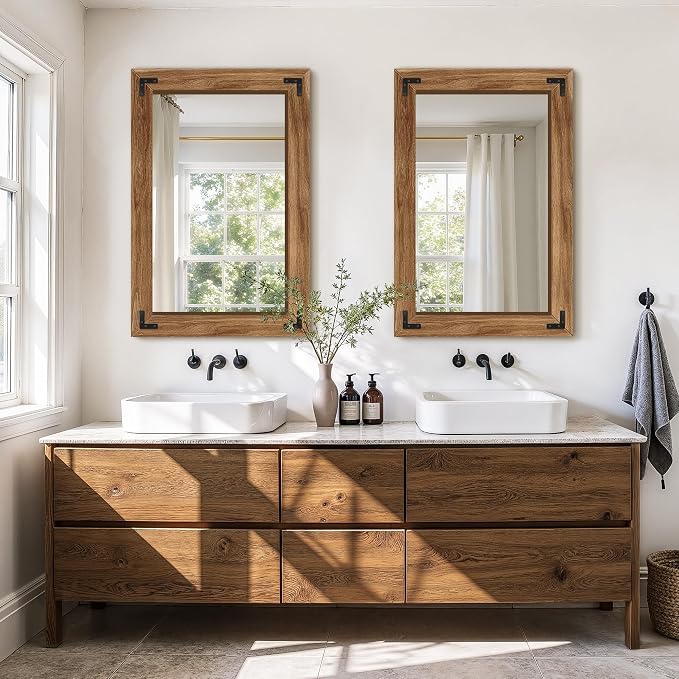 Bathroom Mirror for Wall, 24" x 36" Wooden Vanity Mirror | Solid Wood Frame, Rustic Farmhouse Style, Shatterproof Glass, for Bedroom, Living Room, Entryway Decor, Vertical/Horizontal