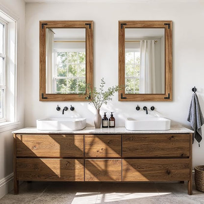 Bathroom Mirror for Wall, 24" x 36" Wooden Vanity Mirror | Solid Wood Frame, Rustic Farmhouse Style, Shatterproof Glass, for Bedroom, Living Room, Entryway Decor, Vertical/Horizontal
