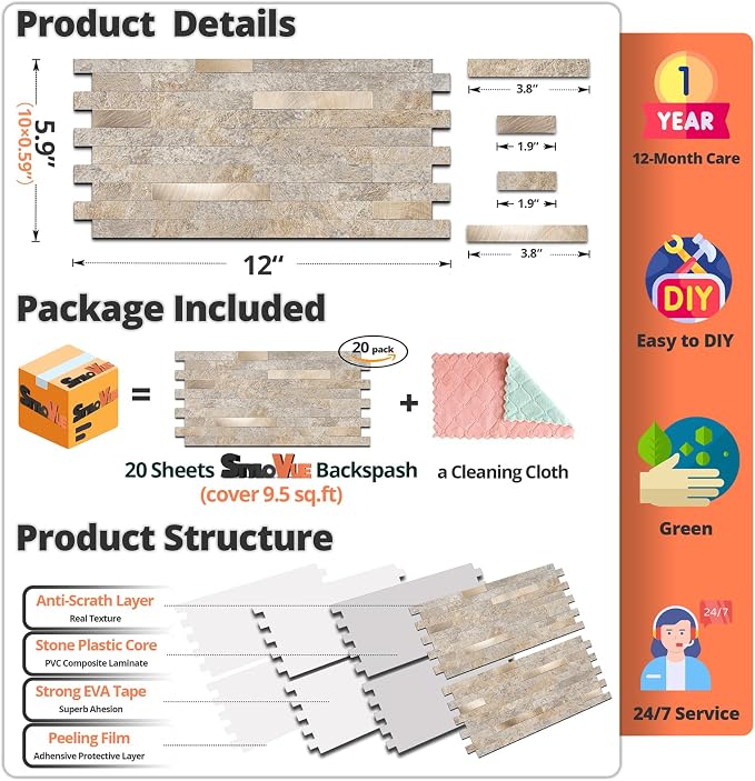 StyloVue 20 Sheets Peel and Stick Backsplash, Dark Beige with Metal Gold Look PVC Wall Tiles Upgrade Your Kitchen Backsplash, RV, Fireplace