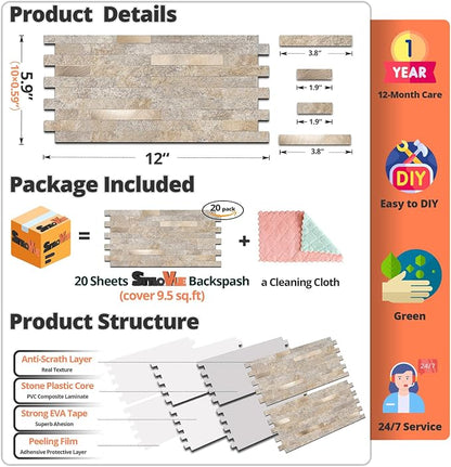 StyloVue 20 Sheets Peel and Stick Backsplash, Dark Beige with Metal Gold Look PVC Wall Tiles Upgrade Your Kitchen Backsplash, RV, Fireplace