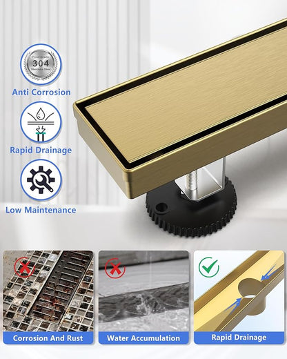 YEFU Gold Shower Drain 42 Inch with Tile Insert, Linear Drain for Bathroom | Anti-Corrosion, Hair Catcher, 304 Stainless Steel, Adjustable Feet, V-Shaped, Linear shower Drain Fits Toilet Kitchen Garage