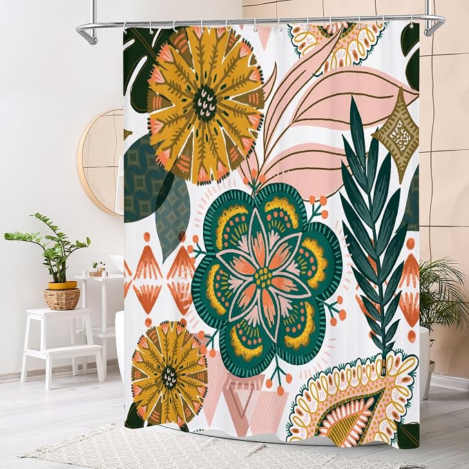 Boho Floral Shower Curtain, White & Pink Botanical Curtain, 36 x 72 | Boho Chic Floral, Vintage Botanical, Modern Farmhouse, Eclectic Rustic, Colorful Flowers, Fabric Shower Curtain