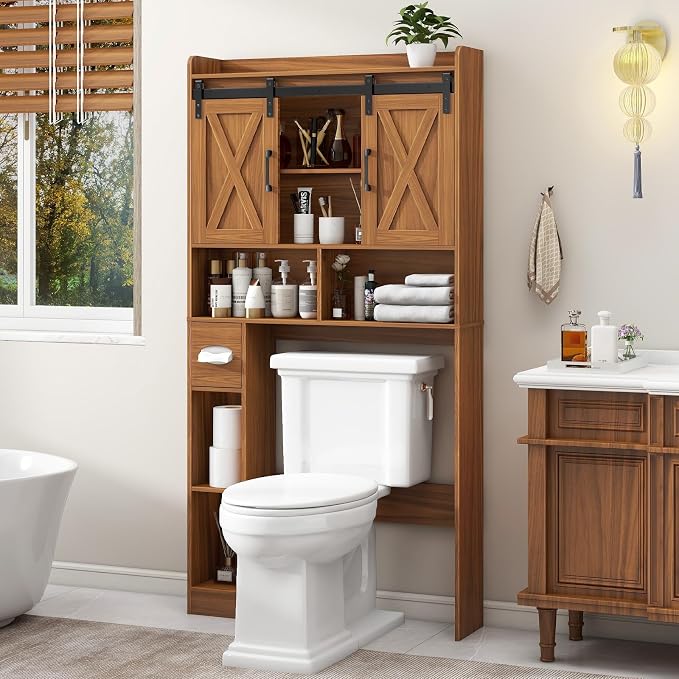 Vabches Over The Toilet Storage Cabinet with Sliding Doors, Caramel | Farmhouse Storage Cabinet Over Toilet, Home Space-Saving Toilet Rack, Toilet Paper Holder Stand,for Restroom,Bathroom,Laundry