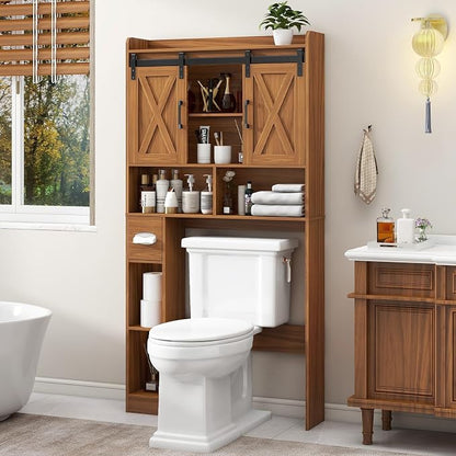 Vabches Over The Toilet Storage Cabinet with Sliding Doors, Caramel | Farmhouse Storage Cabinet Over Toilet, Home Space-Saving Toilet Rack, Toilet Paper Holder Stand,for Restroom,Bathroom,Laundry