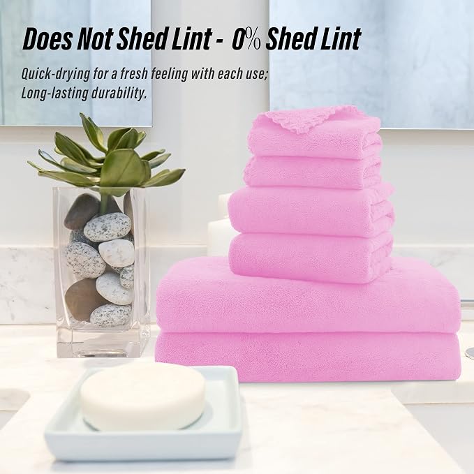 MOONQUEEN Ultra Soft Microfiber Coral Velvet Towel Set - Quick Drying - 2 Bath Towels, 2 Hand Towels, 2 Washcloths - Frozen Berry, 6 Pcs