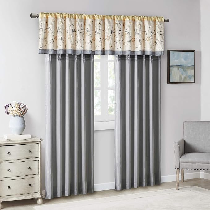 Madison Park Embroidered Window Valance, 50"x18", Yellow | Light Filtering Rod Pocket Window Treatment Curtain, Window Panel Drape for Bedroom Living Room and Dorm