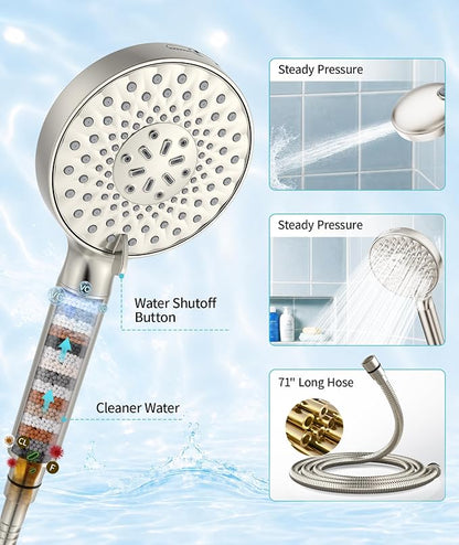 SR SUN RISE Filtered Shower Head with Handheld High Pressure 9 Spray Mode Showerhead Detachable Shower Head Water Softener Filters Beads for Hard Water Remove Chlorine 4 Filters Brushed Nickel