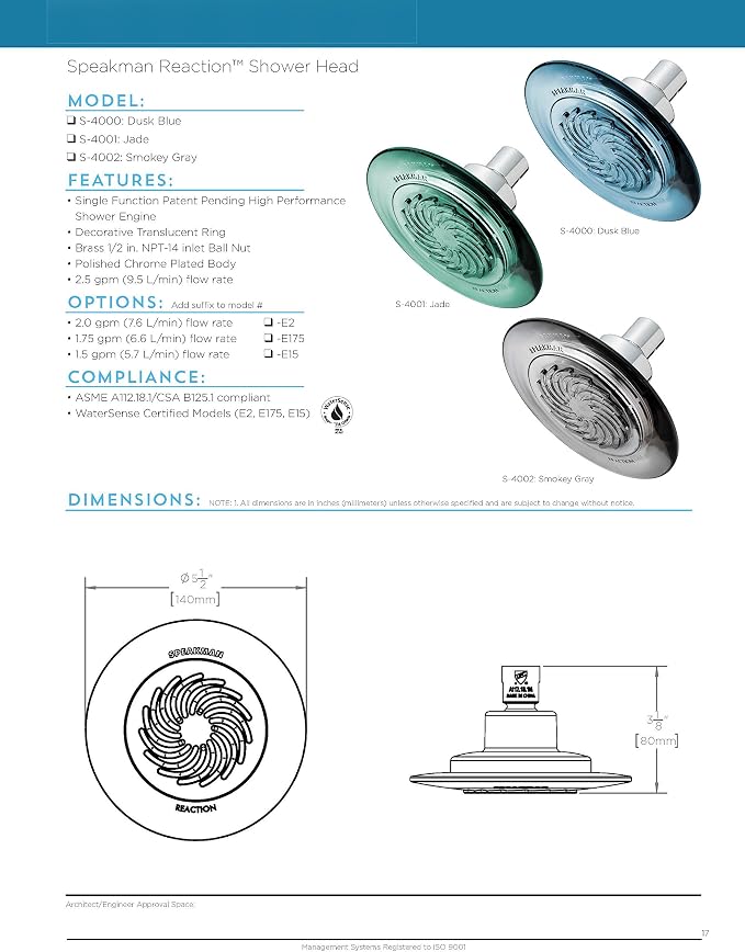 Speakman S-4002 Reaction Single-Function Showerhead for Stylish Bathroom Décor, 2.5 GPM, Clear Smokey Gray